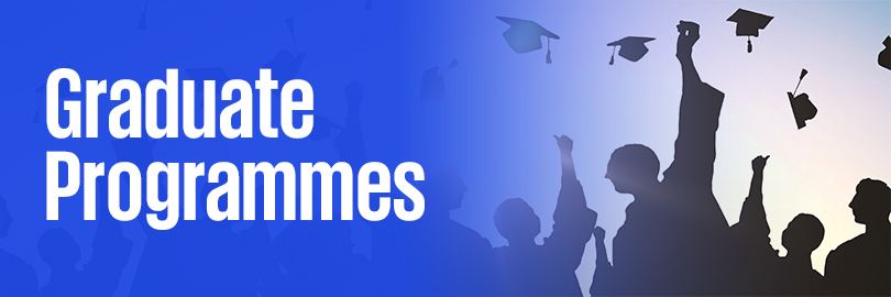 Graduate programmes header overlaid on image of graduates throwing mortar boards