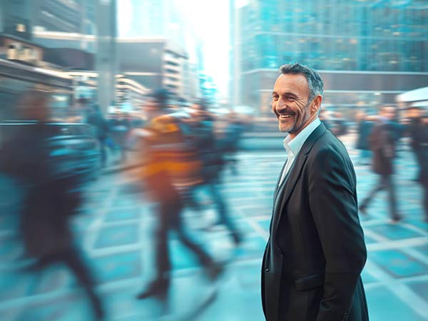 Smiling executive on busy street