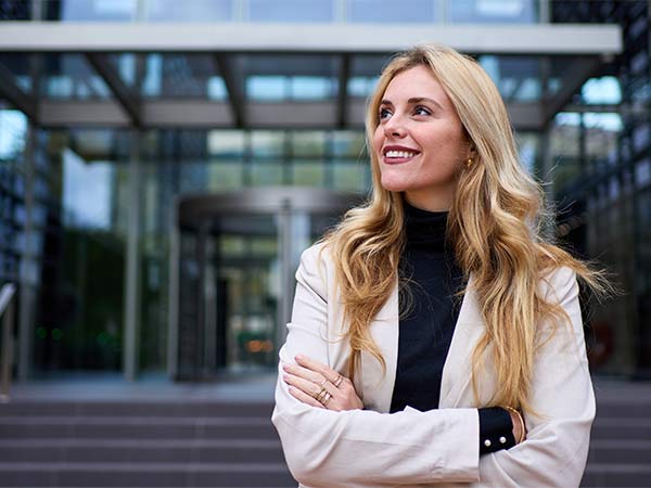 woman standing outside office
