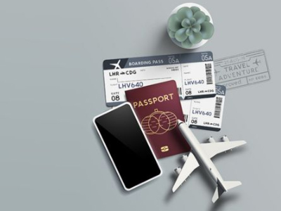 flat lay of passport and airplane icons